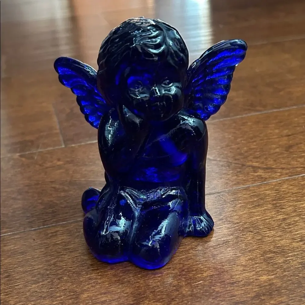 Vintage Deep Blue Cobalt Art Glass Cherub Angel Candle Holder